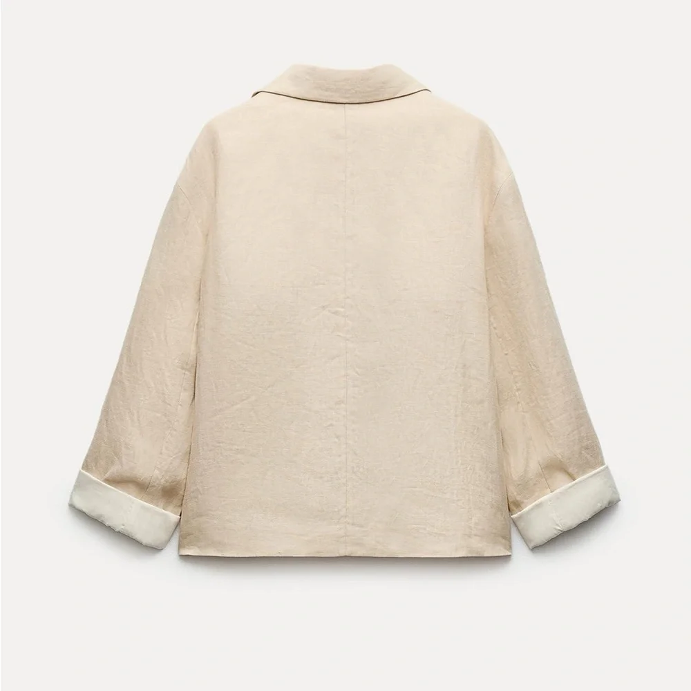 Zara 100% Linen Blazer Jacket Coat Beige Cream Neutral ZW Collection lined S NWT - Picture 12 of 16